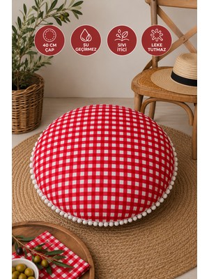 Rona Home Yuvarlak Minder 40 cm Çap Ekose Kareli Dekoratif Oturma Minderi Beyaz Ponponlu Su Geçirmez Leke Tutmaz