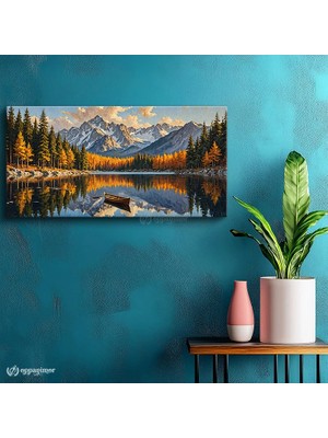 Oppanimor Yatay Panoramik Kanvas Tablo Göl Dağ ve Orman Manzara Tablosu Ev Ofis Duvar Dekoru