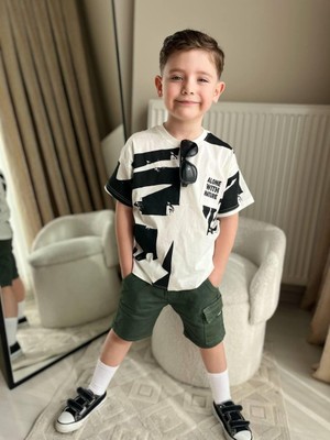 Cg Kids Siyah Desenli Basic Alt Yeşil Kargo Cepli Kot Şort Erkek Çocuk Alt Üst Takım
