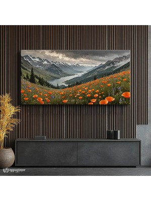 Oppanimor Yatay Panoramik Kanvas Tablo Çiçekli Dağ Gölü Manzara Tablosu Ev Ofis Duvar Dekoru