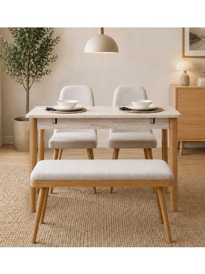 Uvi Collection Vina Mini Açılır Mutfak Masa Takımı, Traverten Meşe (1 Masa + 2 Sandalye + 1 Bench)