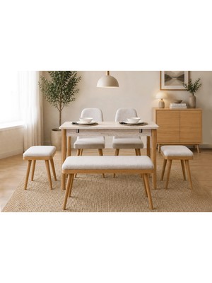Uvi Collection Vina Mini Açılır Mutfak Masa Takımı, Traverten Meşe (1 Masa + 2 Sandalye + 2 Tabure + 1 Bench)