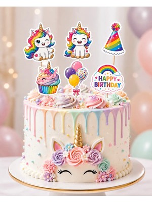 Unicorn Temalı Pasta Kürdanı 6’lı Set – Gökkuşağı Unicorn Doğum Günü Pasta Süsü Cake Topper