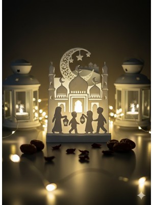 Piyatech Ramazan Ayına Özel Işıklı Masaüstü Dekor – 8X11 cm Led’li Cami ve Çocuk Figürlü Ramazan Süsü
