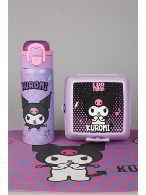 x Dekomus Lisanslı Kuromi Dark Delight Collection 600 ml Çelik Matara,beslenme Kabı,beslenme Örtüsü Seti