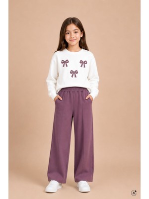 Cansın Mini Gül Kurusu Kız Çocuk Fiyonk Desenli Sweatshirt Geniş Paça Eşofman Takımı 24827