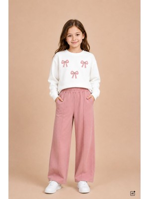 Cansın Mini Somon Kız Çocuk Fiyonk Desenli Sweatshirt Geniş Paça Eşofman Takımı 24826