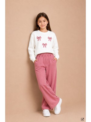 Cansın Mini Pembe Kız Çocuk Fiyonk Desenli Sweatshirt Geniş Paça Eşofman Takımı 24824