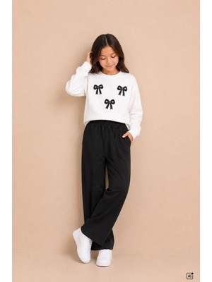 Cansın Mini Siyah Kız Çocuk Fiyonk Desenli Sweatshirt Geniş Paça Eşofman Takımı 24823
