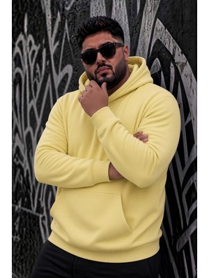 Oksit Bery Büyük Beden Erkek Kapüşonlu Basic Sweatshirt Iki Iplik Şardonlu Kanguru Cepli
