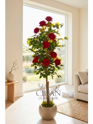 Cihan Çiçekçilik Yapay 10 Güllü Kırmızı Gül Ağacı 150 cm 27X33 Mocha Küre Saksılı
