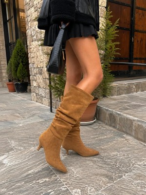 Asmi Shoes Kadın Tima Taba 6 cm Topuklu Körüklü Sivri Burun Çivi Topuk Çizme