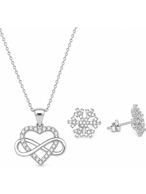 Brezza Lusso Jewelry 925 Ayar Gümüş Kalp Sonsuzluk Kolye ve Kar Tanesi Küpe Seti