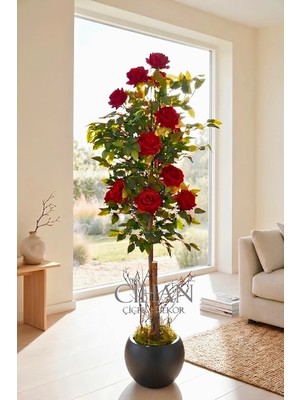 Cihan Çiçekçilik Yapay 10 Güllü Kırmızı Gül Ağacı 150 cm 27X33 Siyah Küre Saksılı