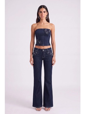 Holly Lolly Çiçek Detaylı Düşük Bel Flare Clover Jean Pantolon Lacivert