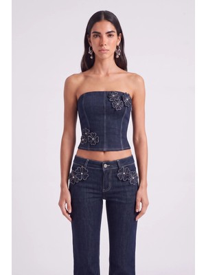 Holly Lolly Çiçek Detaylı Straplez Kesim Clover Jean Büstiyer Lacivert