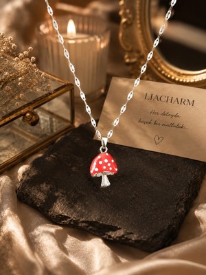Lia Charm Kırmızı Mineli Mantar Figürlü Paslanmaz Çelik Kolye-Şık & Kararmaz Kadın Kolye