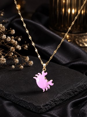 Lia Charm Pembe Mineli Yengeç Figürlü Altın Kaplama Kadın Çelik Kolye