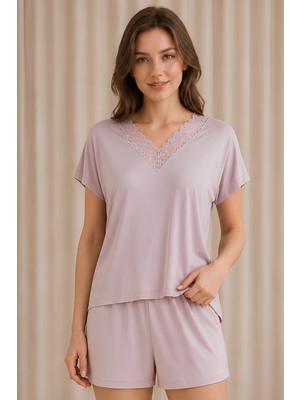 Jusmart Kadın Vizon Kısa Kollu V Yakalı Lez Dantelli Viskon Şort Takımı Cepli 2'li Alt Üst Pijama Takımı %94 Viskon %6 Elastan Örme Kumaş Ring Kalite Rahat Şık Konforlu Ev Giyim Homewear
