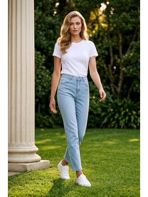 Hies Buz Mavisi Mom Kadın Pantolon, Yüksek Bel Likralı Sağlam Dikişli Denim Bayan Jeans