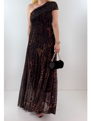 Modaonna Leopar Desen Tek Omuz Maxi Elbise