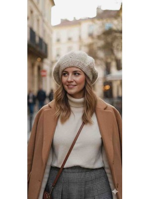 Reyn Handmade Kadın Bej / Vizon Renk El Örgüsü Yumuşak Moher Ressam Bere (Fransız Stil Beret)
