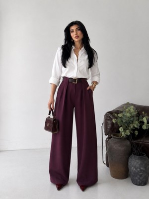 Butik Kadın Mürdüm Yüksek Bel Kemerli Bol Paça Kumaş Pantolon - Pileli Wide Leg Ofis Pantolonu