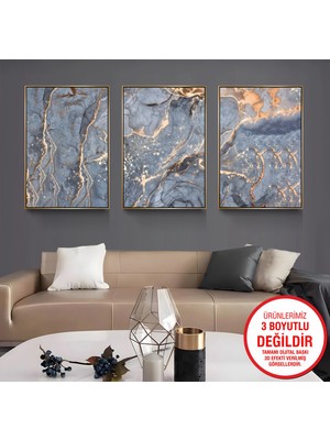 Emya Home Gold Metal Çerçeveli Mermer Desen 3’lü Kanvas Tablo Seti