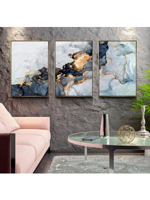 Emya Home Gold Metal Çerçeveli Mermer Desen 3’lü Kanvas Tablo Seti