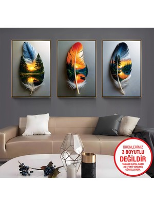Emya Home Gold Metal Çerçeveli Tüyler 3’lü Kanvas Tablo Seti