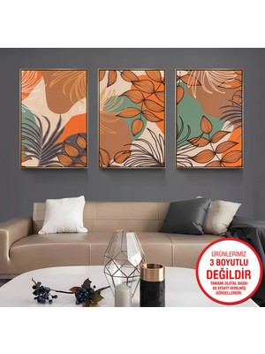 Emya Home Gold Metal Çerçeveli Yapraklar 3’lü Kanvas Tablo Seti