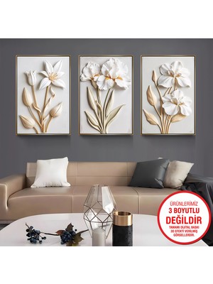 Emya Home Gold Metal Çerçeveli Çiçekler 3’lü Kanvas Tablo Seti