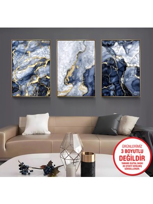 Emya Home Gold Metal Çerçeveli Mermer Desen 3’lü Kanvas Tablo Seti