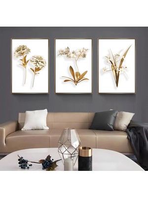 Emya Home Gold Metal Çerçeveli Çiçekler 3’lü Kanvas Tablo Seti
