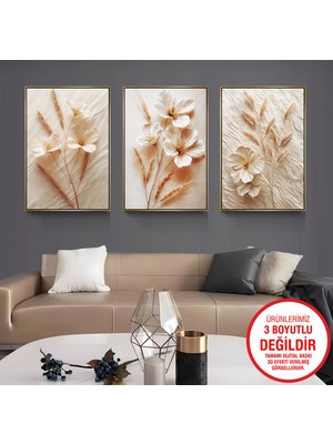 Emya Home Gold Metal Çerçeveli Çiçekler 3’lü Kanvas Tablo Seti
