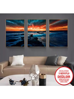 Emya Home Gold Metal Çerçeveli Manzara 3’lü Kanvas Tablo Seti