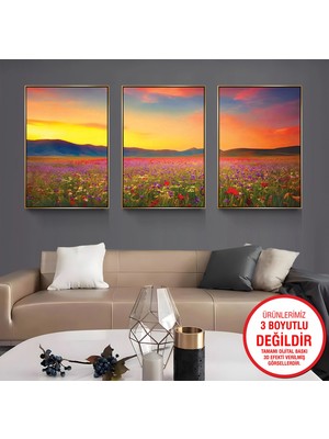 Emya Home Gold Metal Çerçeveli Gelincik Tarlası 3’lü Kanvas Tablo Seti