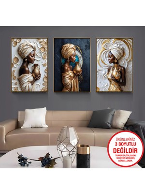 Emya Home Gold Metal Çerçeveli Afrikalı Kadınlar 3’lü Kanvas Tablo Seti