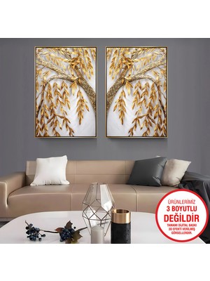 Emya Home Gold Metal Çerçeveli Ağaç Dalları 2’li Kanvas Tablo Seti
