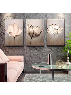 Emya Home Siyah Metal Çerçeveli Lotus Çiçekleri 3’lü Kanvas Tablo Seti