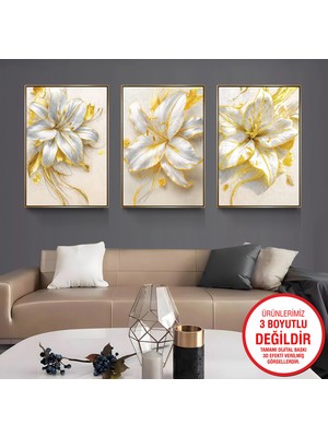 Emya Home Gold Metal Çerçeveli Zambaklar 3’lü Kanvas Tablo Seti