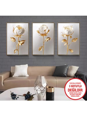 Emya Home Gold Metal Çerçeveli Güller 3’lü Kanvas Tablo Seti