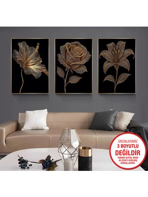 Emya Home Gold Metal Çerçeveli Çiçekler 3’lü Kanvas Tablo Seti