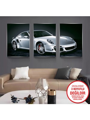Emya Home Gümüş Metal Çerçeveli Porsche 3’lü Kanvas Tablo Seti