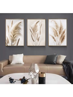 Emya Home Gold Metal Çerçeveli Başak 3’lü Kanvas Tablo Seti