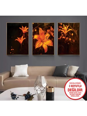 Emya Home Gold Metal Çerçeveli Zambaklar 3’lü Kanvas Tablo Seti