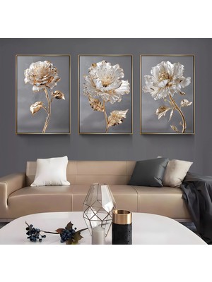 Emya Home Gold Metal Çerçeveli Çiçekler 3’lü Kanvas Tablo Seti