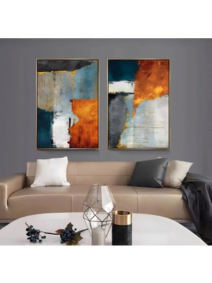 Emya Home Gold Metal Çerçeveli Soyut Desen 2’li Kanvas Tablo Seti