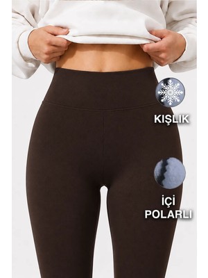 Warasiva Kadın Kahverengi Kışlık Içi Polarlı Yüksek Bel Toparlayıcı Korseli Interlok Çelik Örme Tayt