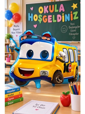 Dodomar Folyo Balon Sevimli Okul Otobüsü 56X48 cm Okula Dönüş Ilk Okul Günü Dekorasyon Balonu